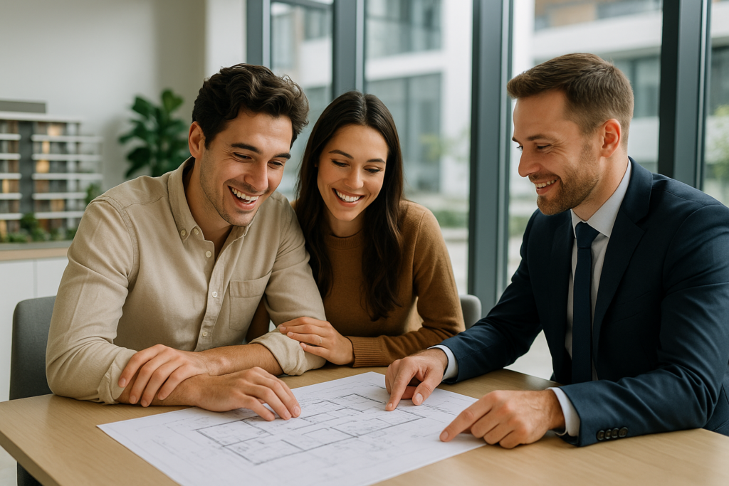 Young couple smiling and reviewing architectural blueprints with a real estate agent in a modern sales office, bright and pro
