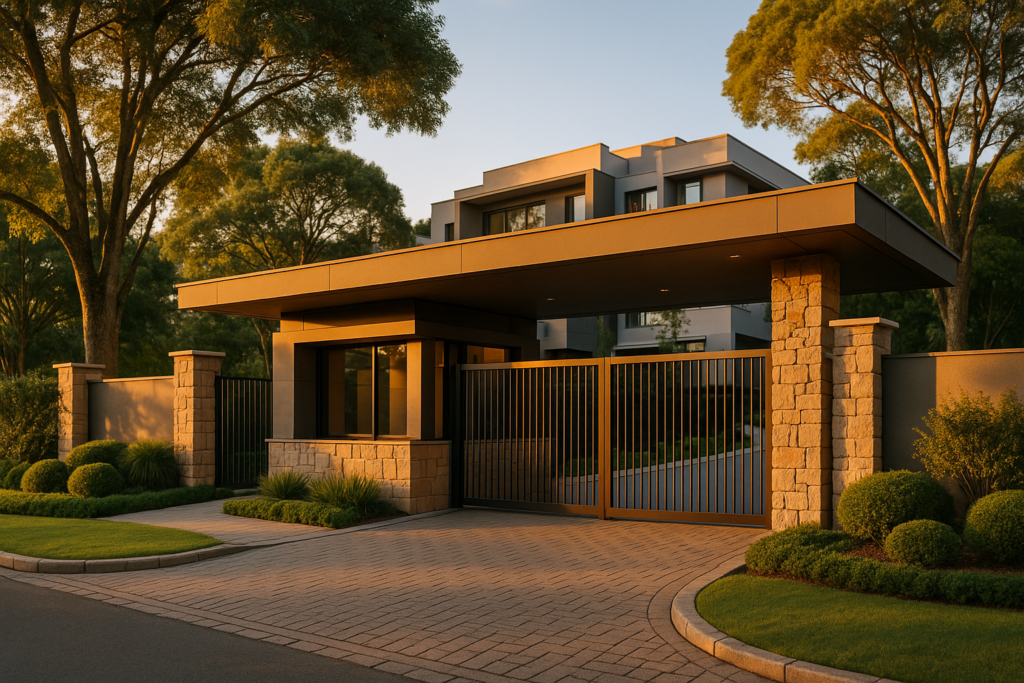 A sophisticated closed condominium entrance gate with stone pillars and modern architecture in Curitiba, Brazil, surrounded b