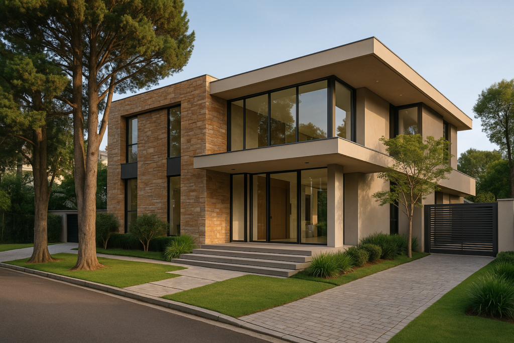 a wide-angle exterior view of an upscale closed-condominium house in Curitiba, featuring a contemporary architectural facade