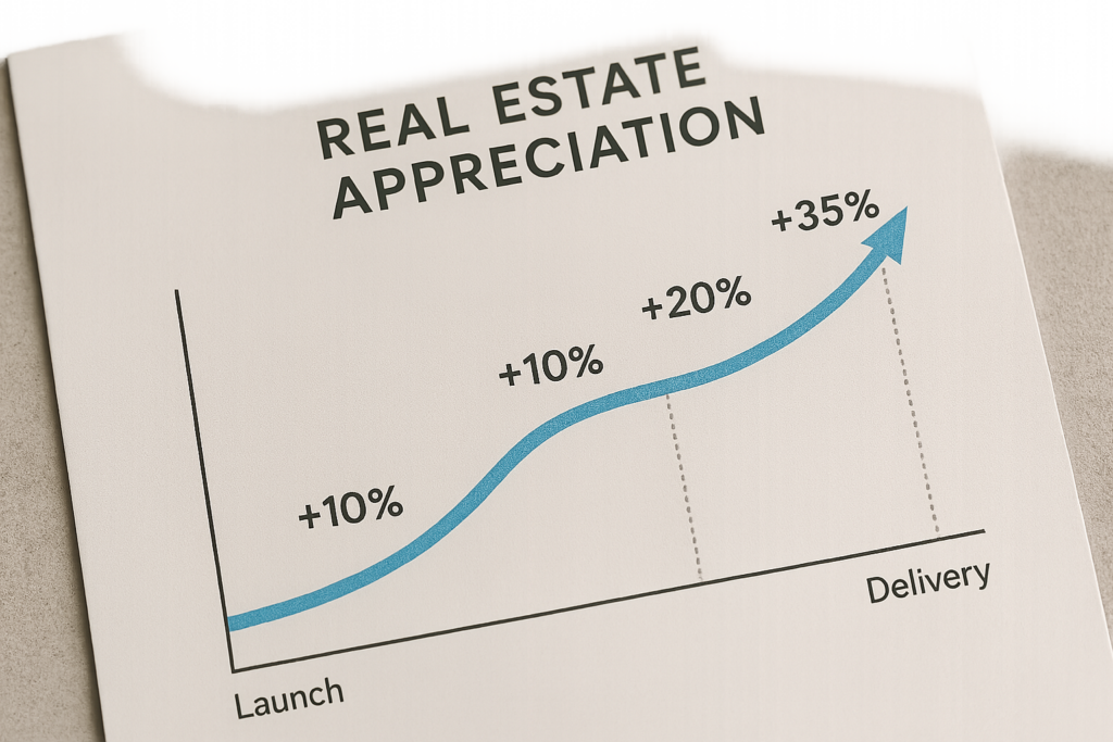 Clean and modern infographic showing real estate appreciation curve from launch to delivery, with percentage growth indicator
