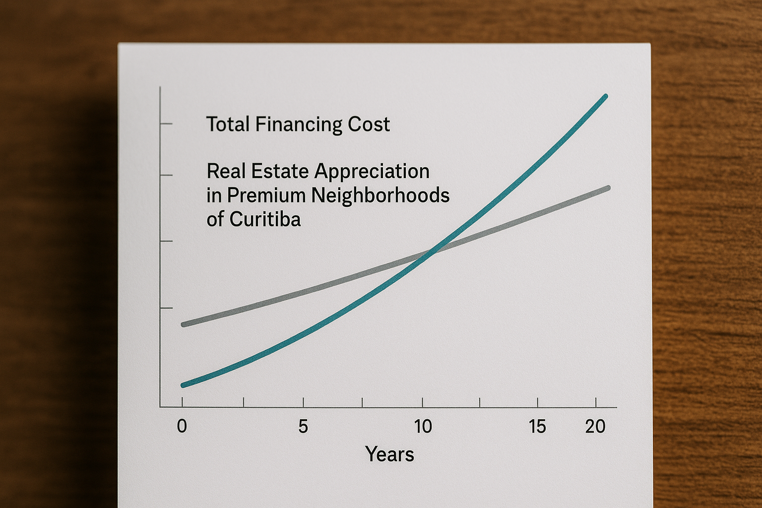 Clean infographic showing two lines on a chart: one representing total financing cost over 20 years and another showing real 