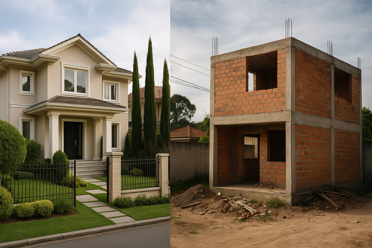 Side-by-side visual comparison showing a well-built high-standard gated community house with premium finishes and landscaping
