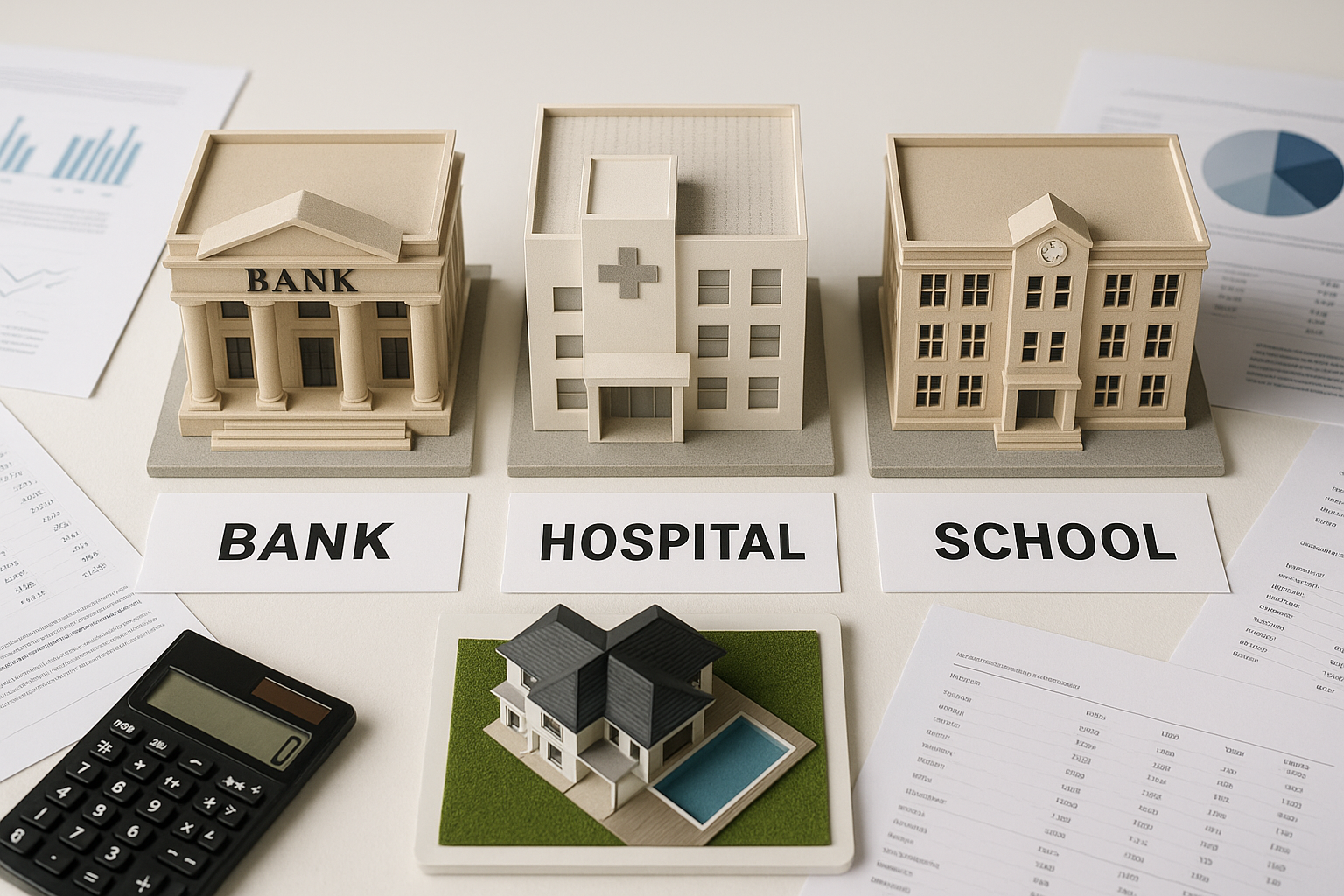 A clean and modern split-screen infographic-style scene showing three architectural scale models side by side on a white tabl