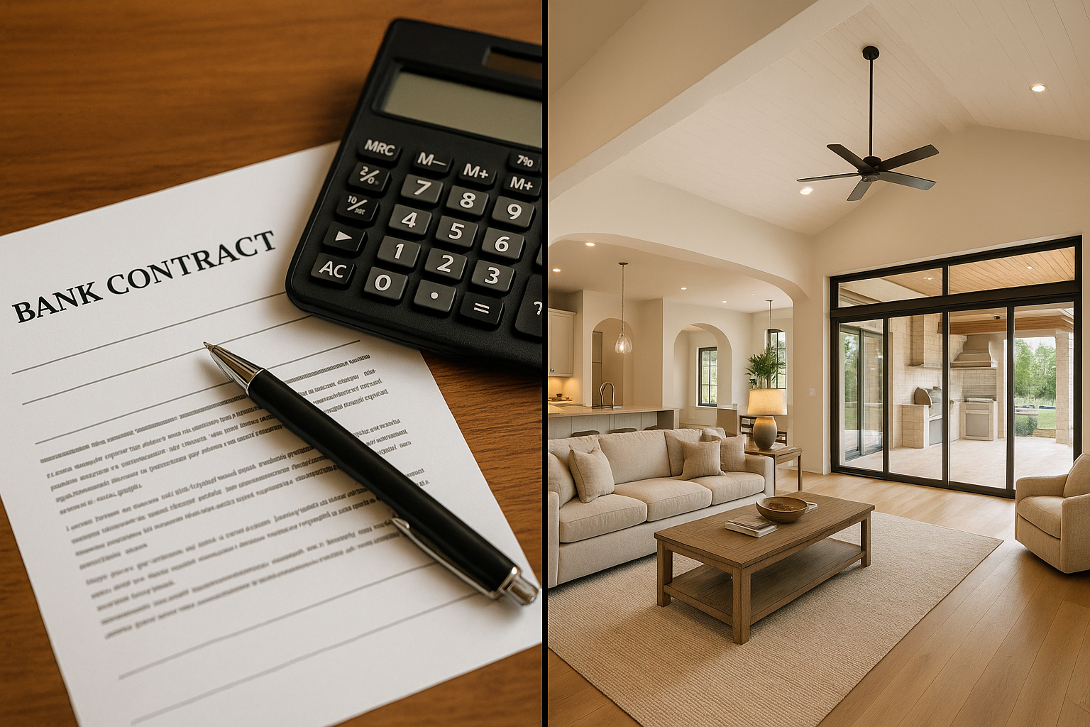 a split-view infographic-style photograph showing on the left side a bank contract with a pen and calculator on a wooden desk