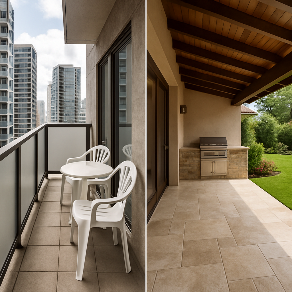 Split composition showing the contrast between a cramped high-rise apartment balcony with plastic furniture in an urban tower