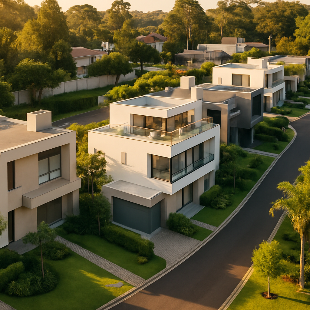 Aerial view of a high-end closed condominium in Curitiba with modern house facades, lush green landscaping, private driveways