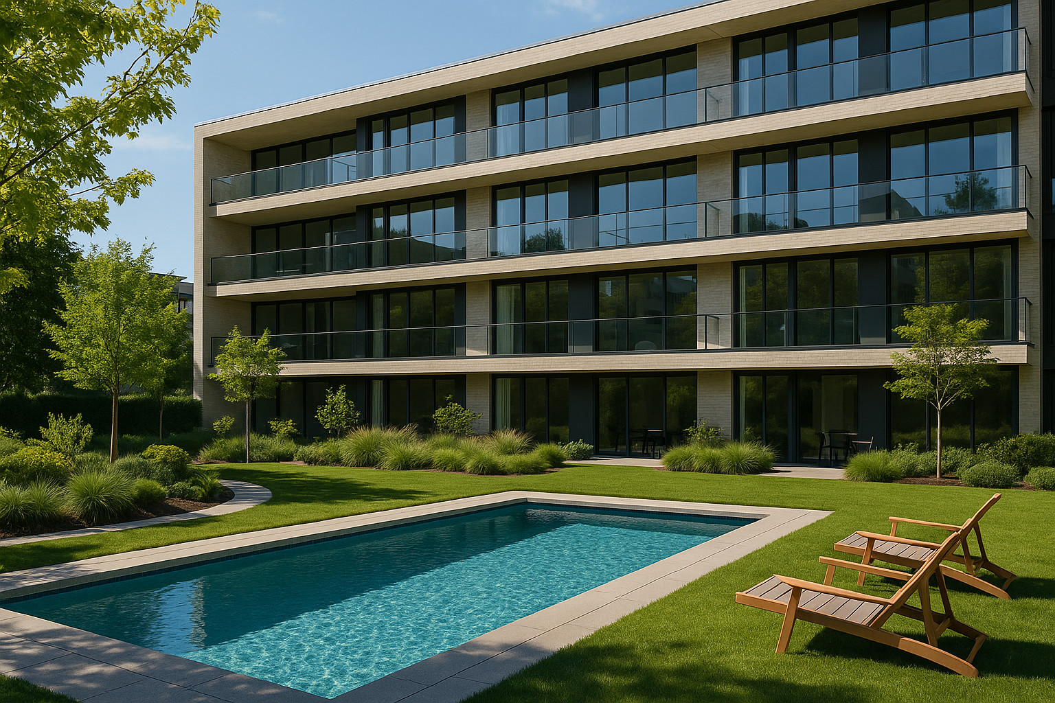 Modern residential building facade with well-designed landscaping, outdoor leisure area with pool and green spaces in a sunny