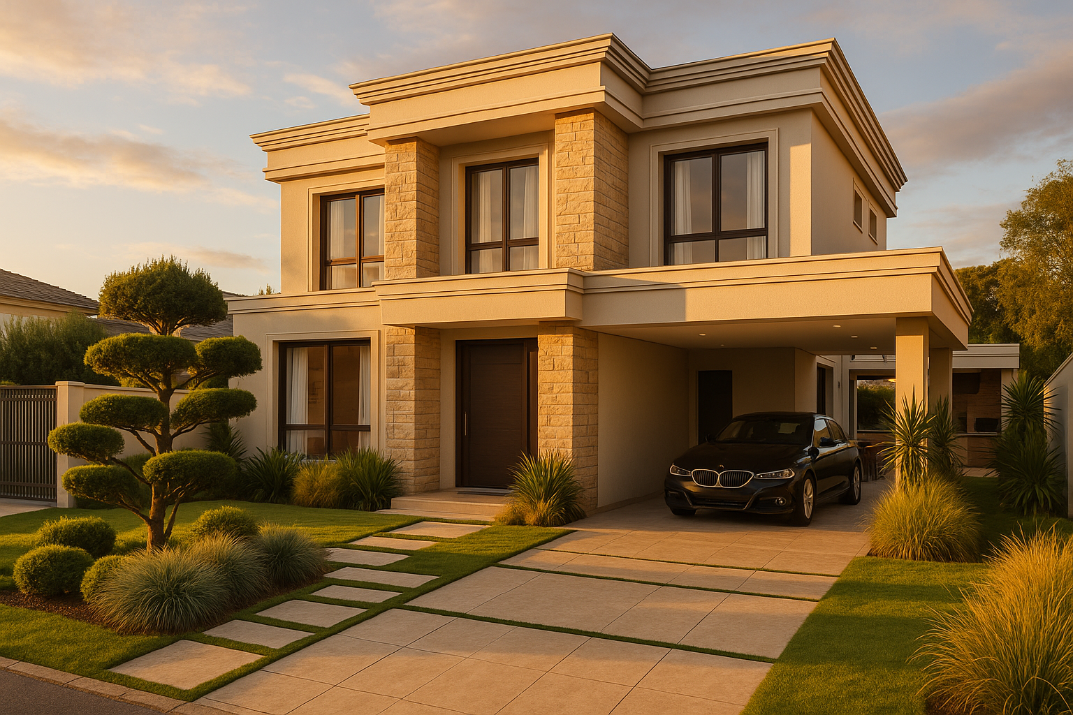Elegant high-standard house facade inside a gated condominium in Curitiba, with lush landscaping, private garage, wide covere