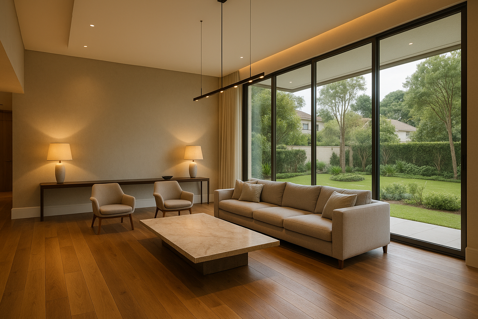 Elegant high-standard house interior in a gated community in Curitiba, featuring a spacious living room with high ceilings, p