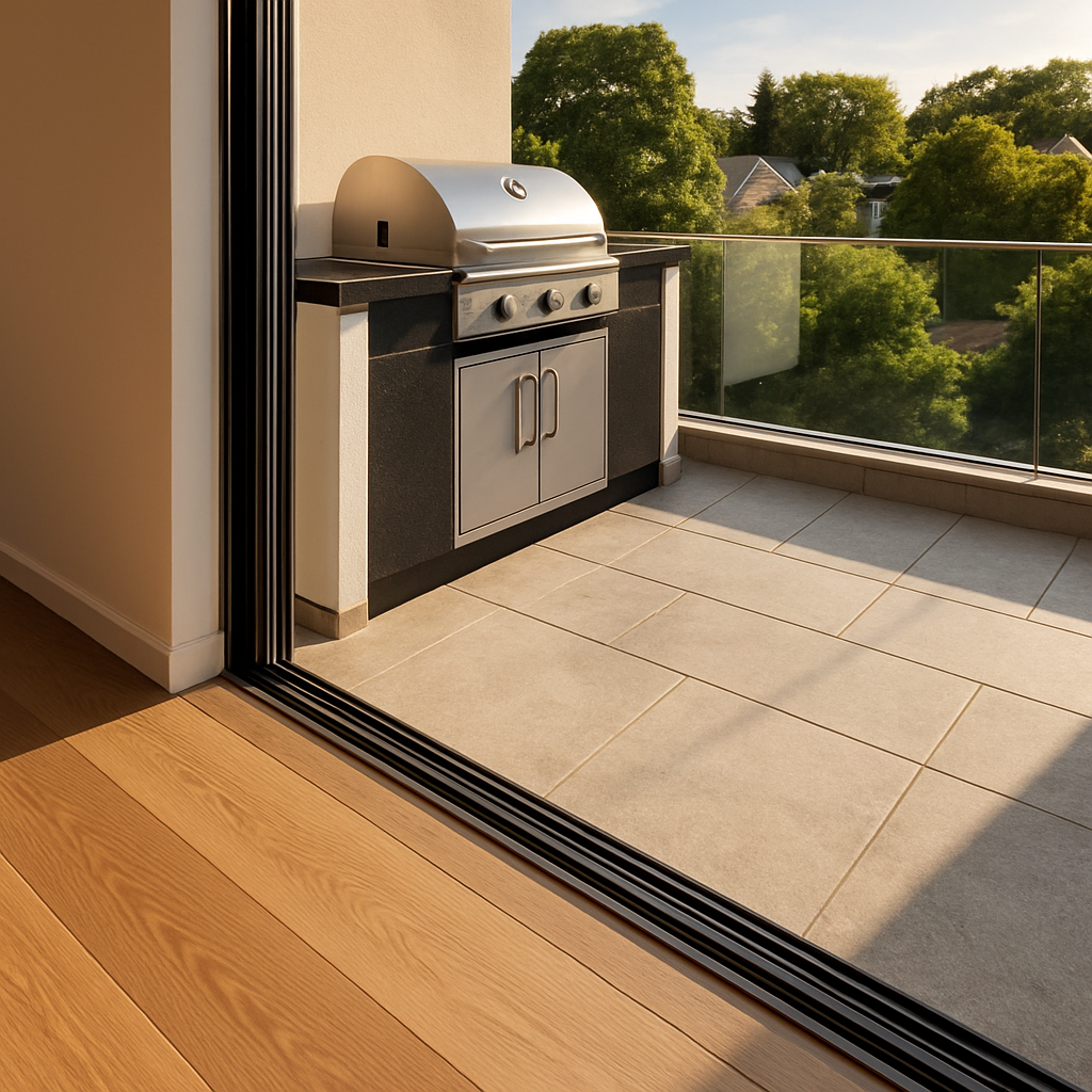 Close-up architectural detail of a premium outdoor terrace floor transition from interior hardwood flooring to large-format n